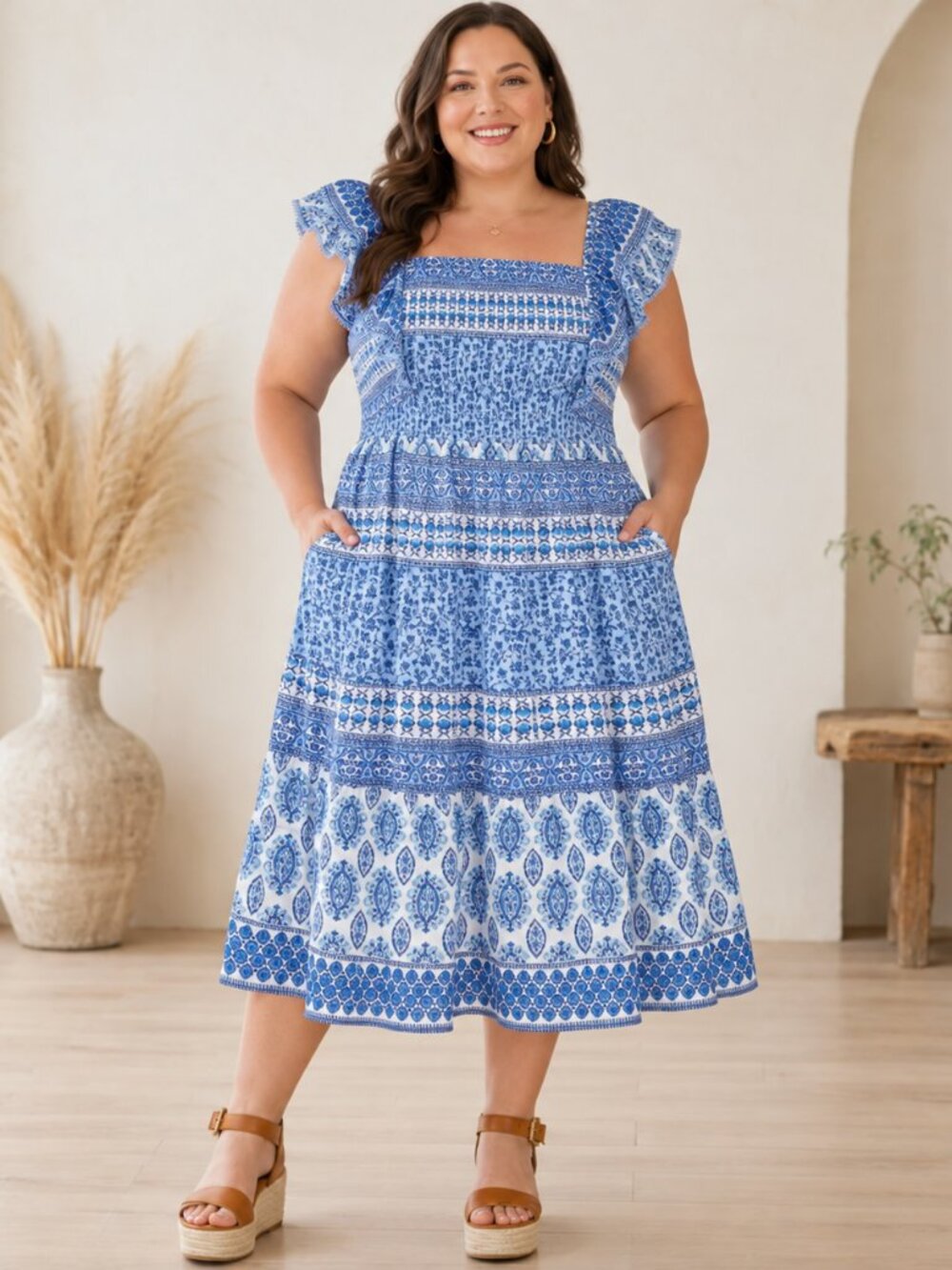 Eliza J Women’s 20W Blue White Floral Smocked Midi Dress Pockets NWT - Picture 3 of 6